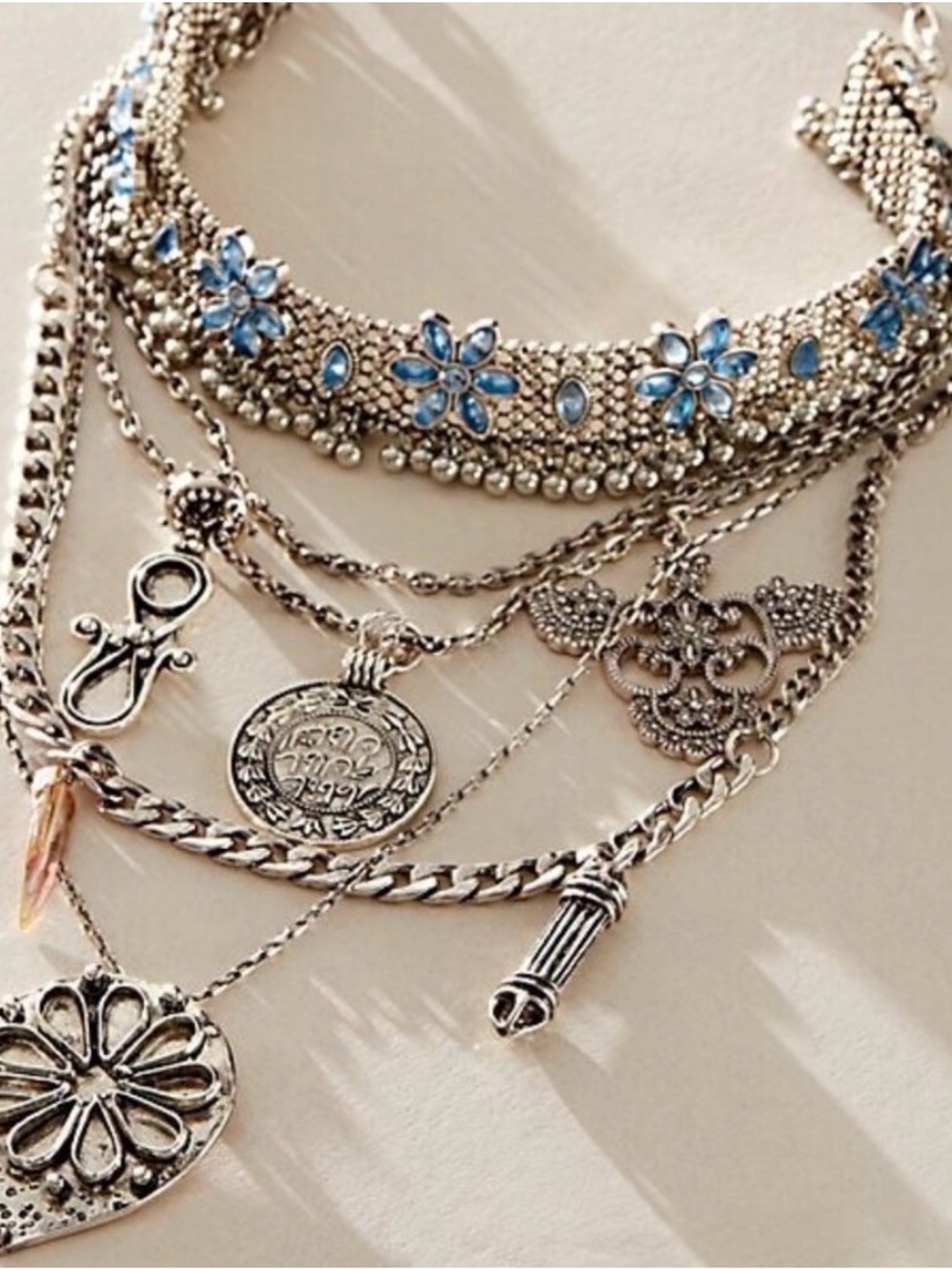 Free People Silver Multi-Layer Necklace with Blue Floral Accents
